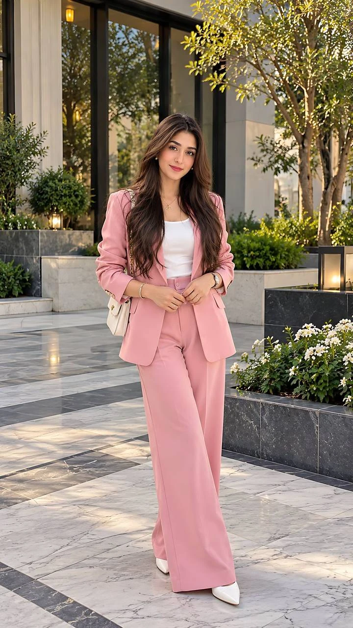 Shiza Khan standing outdoors in a pink suit